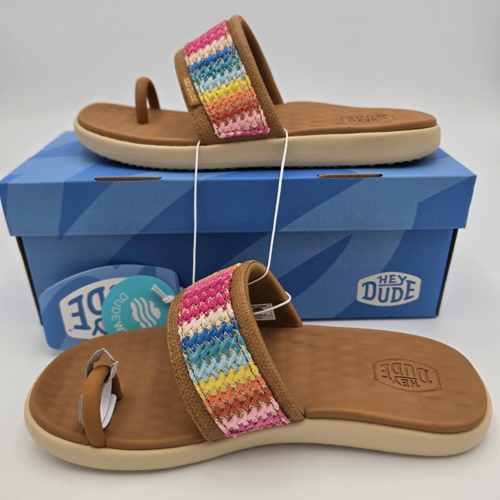 Hey Dude Maui Breeze Toe Loop Sandals Tan Multi Rainbow Woven Slides Size 8, NWB - Picture 3 of 10